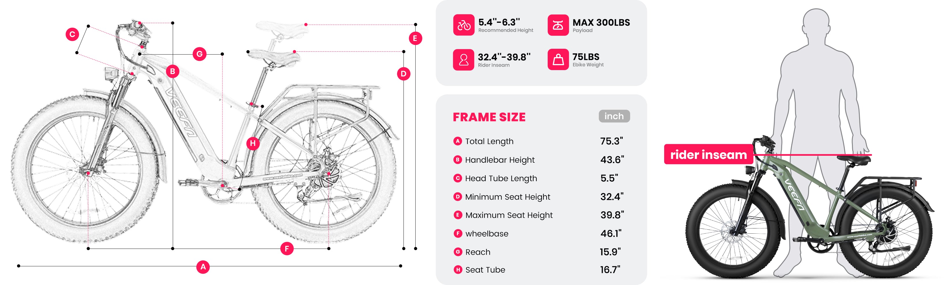 The dimension figure of Veefa E1 Fat Tire Step-Over Adult Electric Bike