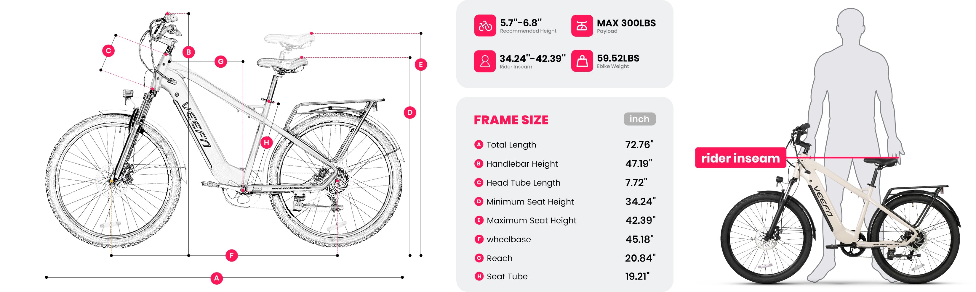 The dimension figure of Veefa M2 City Series Commuting Adult Electric Bike.