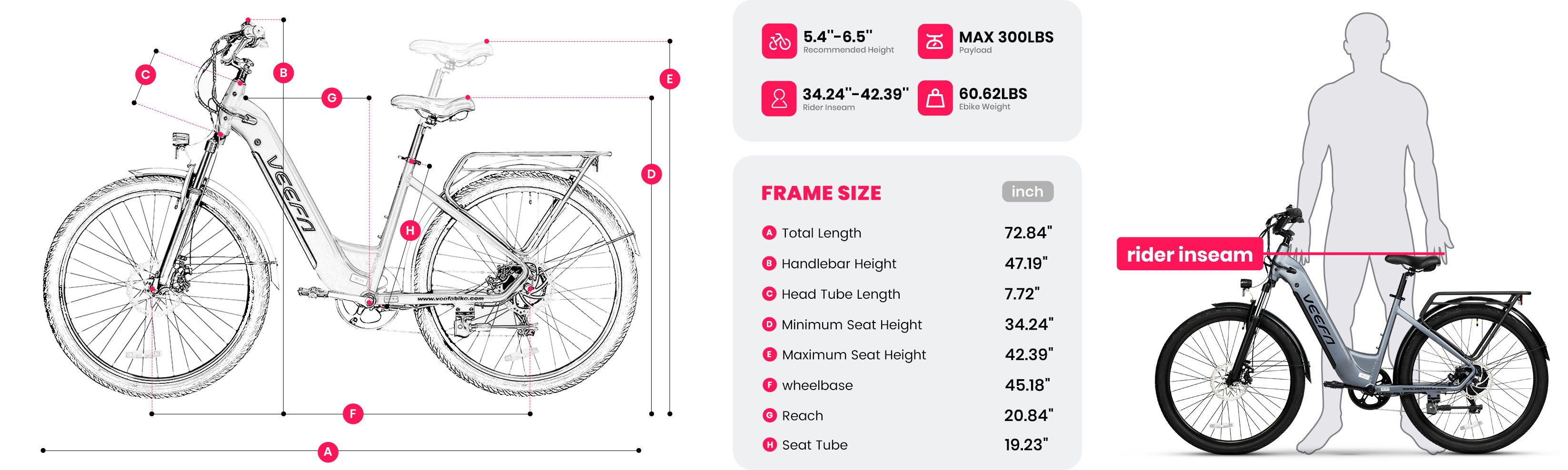 The dimension figure of Veefa X2 City Series Commuting Adult Electric Bike